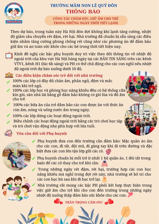 Thông báo về công tác chăm sóc, giữ ấm cho trẻ trong những ngày thời tiết lạnh